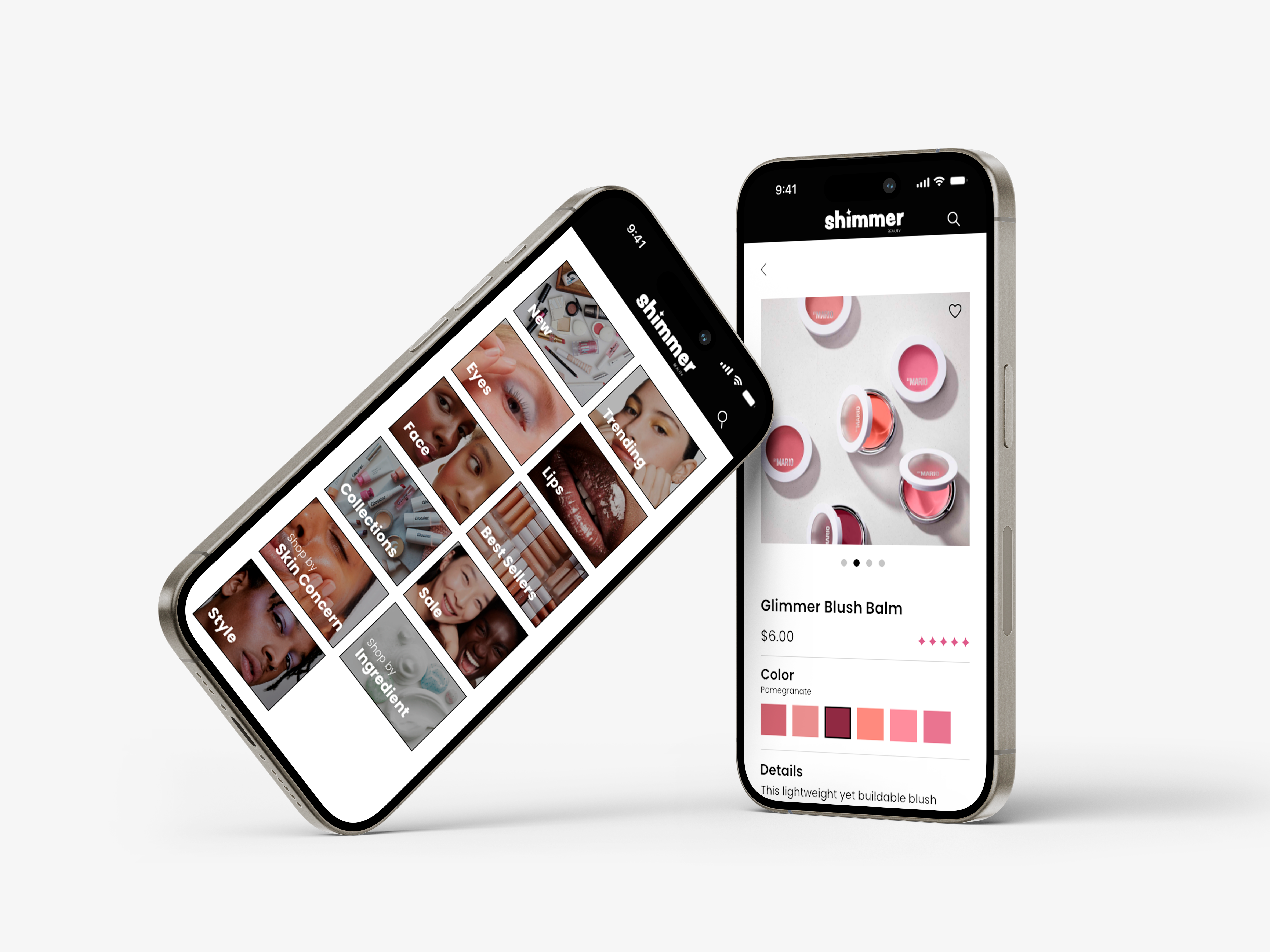 app mockups for shimmer beauty with two phones